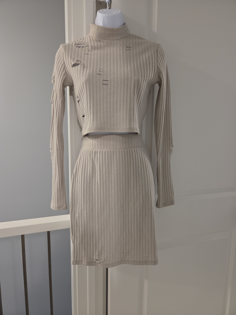 Revamped Beige Ribbed Mini Skirt Set S